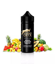A 100ml bottle of ARABIAN ORYX Mixed Summer Fruits E Liquid, with a background of various fruits including strawberries, kiwis, and peaches.